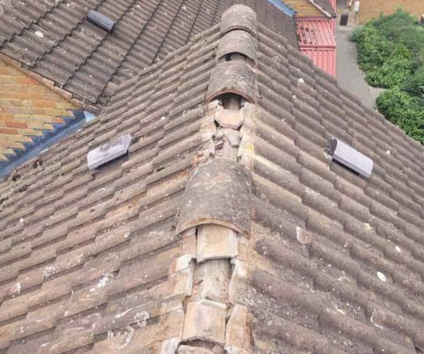 This is a photo if a roof ridge which has missing tiles. The ridge tiles are being replaced by TVB Roofing Wellingborough