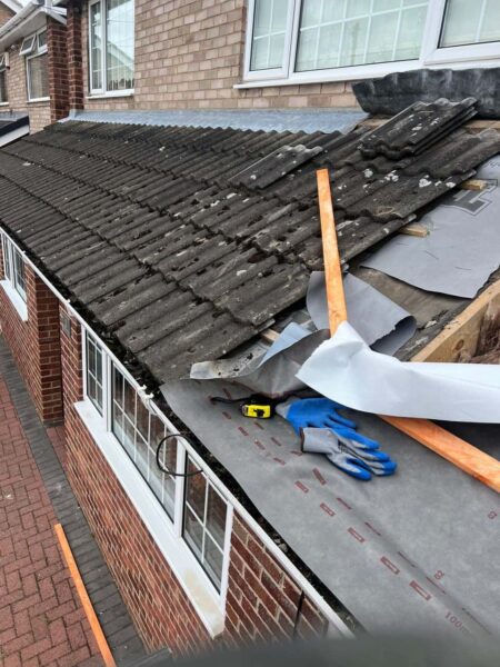 This is a photo of a pitched roof which is being repaired. The existing roof was leaking badly.